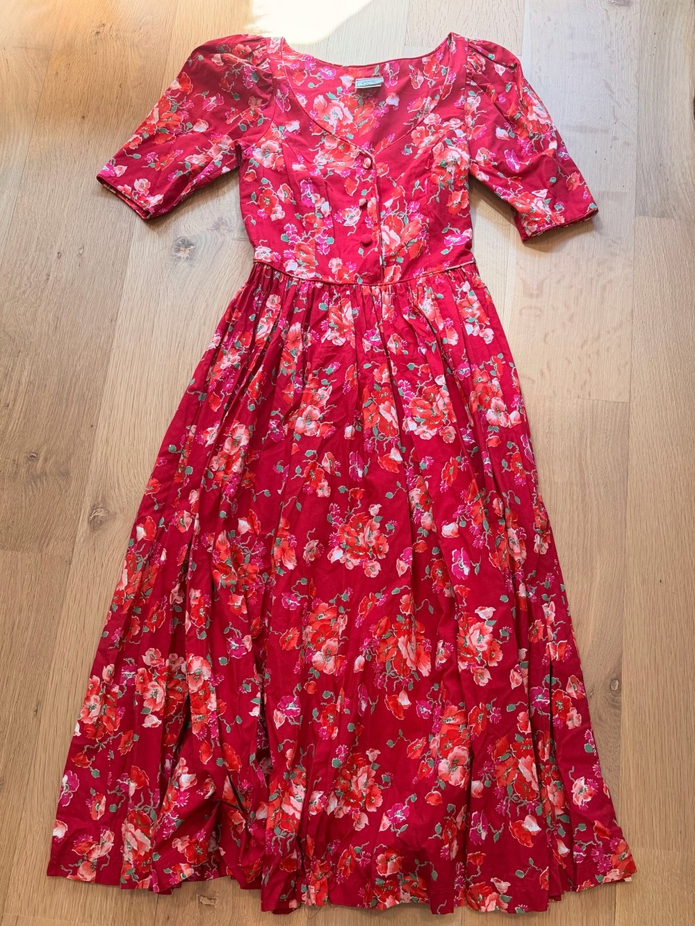 Vintage Laura Ashley Red Floral Cotton Maxi Dress Made in Great Britain Size 14